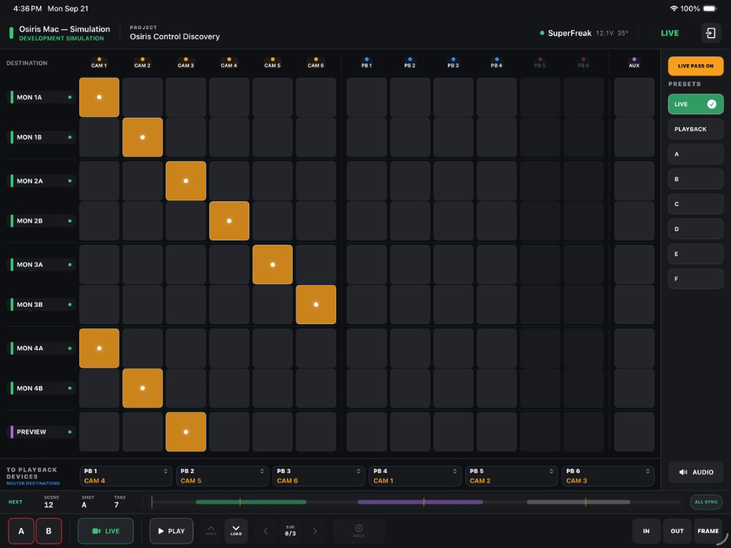 OsirisControl routing and operator controls on iPad